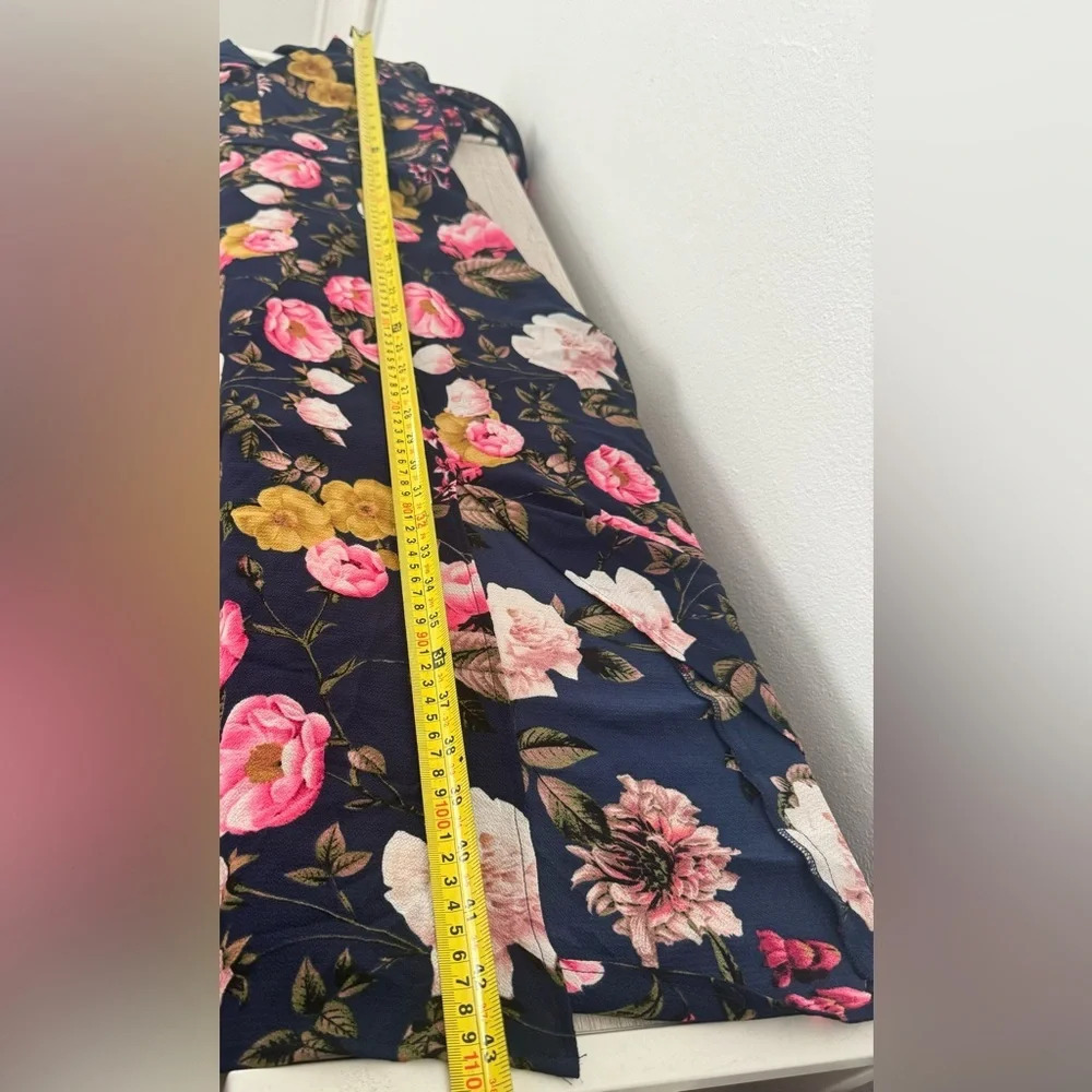 Eliza J Navy Floral Midi Dress 3/4 Ruched Sleeves V Neck Split Front Size 2 - Picture 5 of 12